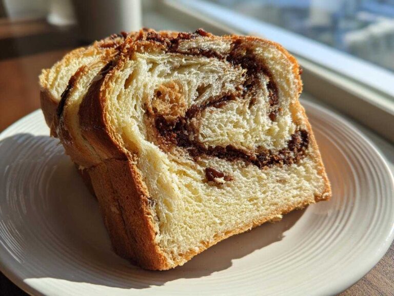 Two thick slices of homemade raisin bread featuring a visible cinnamon swirl, served on a white plate near a window.