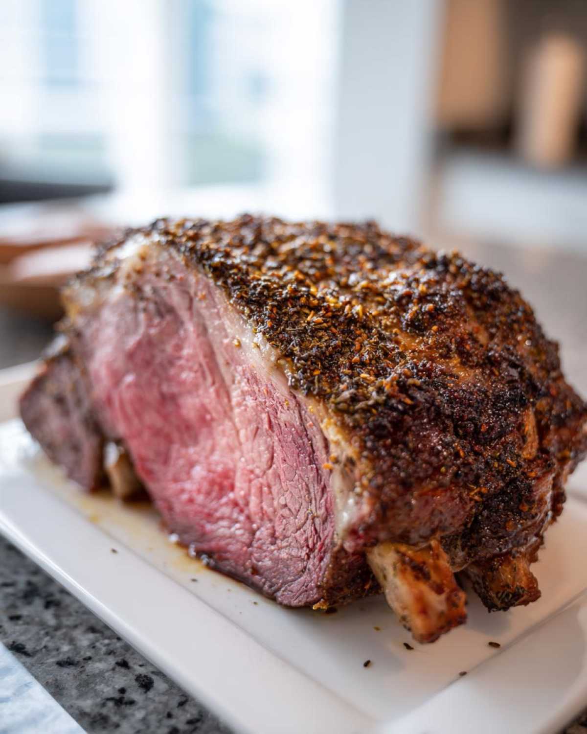 Close-up of a perfectly cooked, medium-rare rib roast resting on a white platter, showing a thick herb crust.