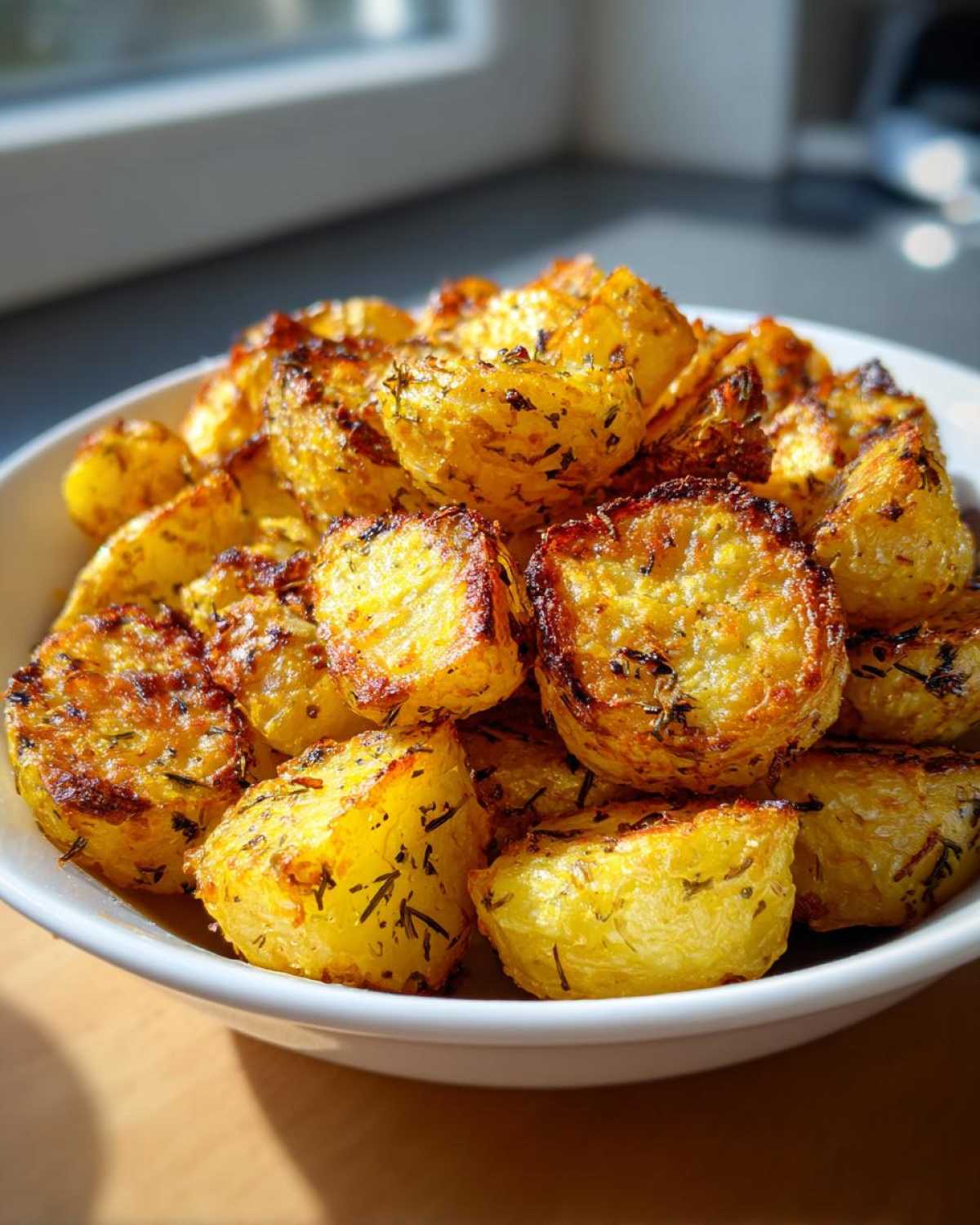 Close-up of golden, crispy roast potatoes seasoned with herbs, served in a white bowl.