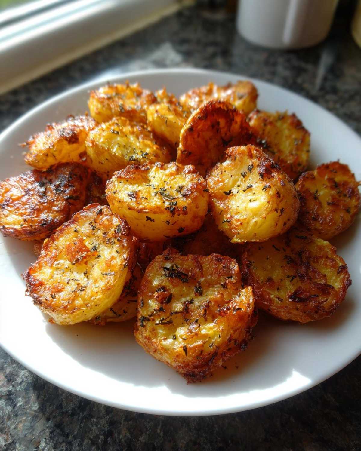 A white plate piled high with golden brown, crispy roast potatoes seasoned with dark herbs.