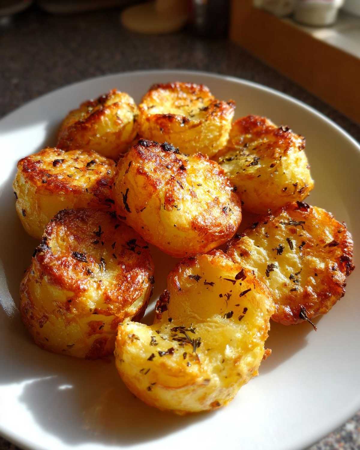 Close-up of golden brown, crispy roast potatoes seasoned with herbs, served on a white plate.