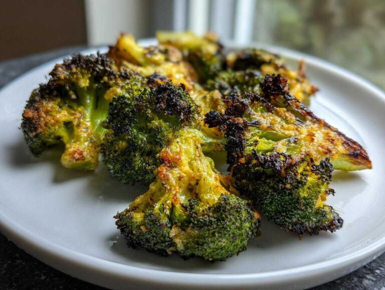 Close-up of perfectly seasoned and charred roasted broccoli on a white plate.
