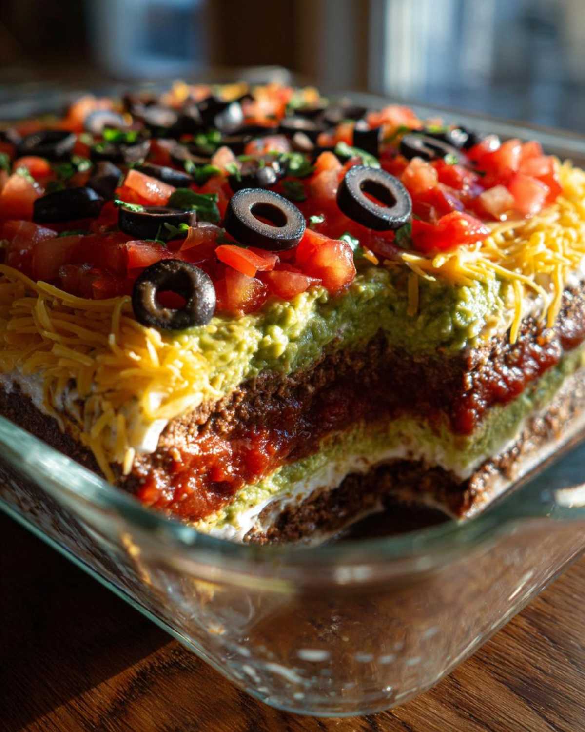 Close-up of a cross-section showing the layers of the amazing Seven layer dip, topped with olives and tomatoes.