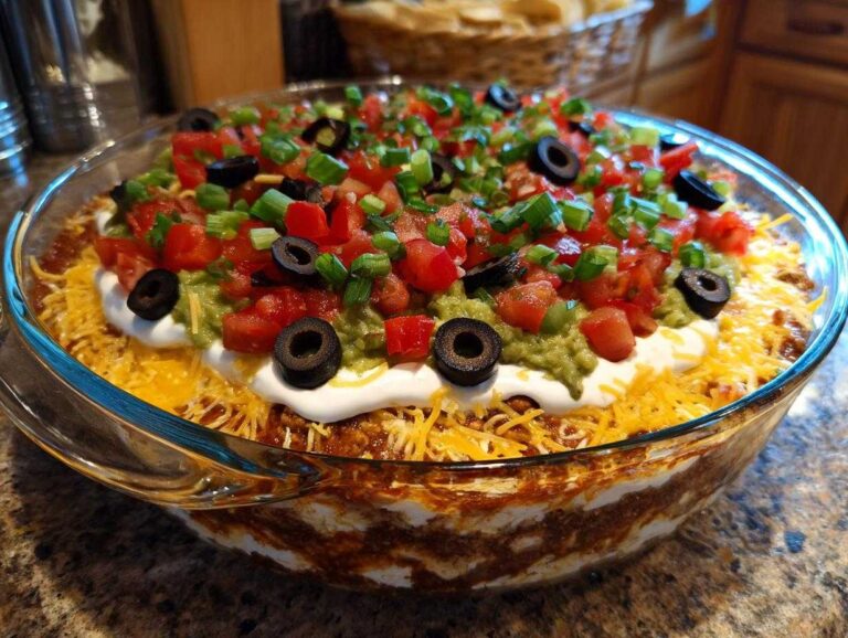 Close-up of a fully assembled Seven layer dip in a clear glass dish, topped with guacamole, sour cream, tomatoes, olives, and green onions.