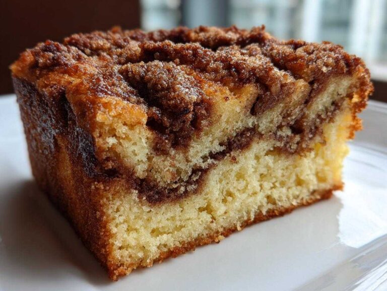 Close-up of a moist slice of sour cream coffee cake showing the yellow cake, cinnamon swirl, and crunchy streusel topping.
