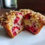 Close-up of delicious strawberry muffins cut in half showing moist interior packed with bright red strawberries and a sweet crumb topping.