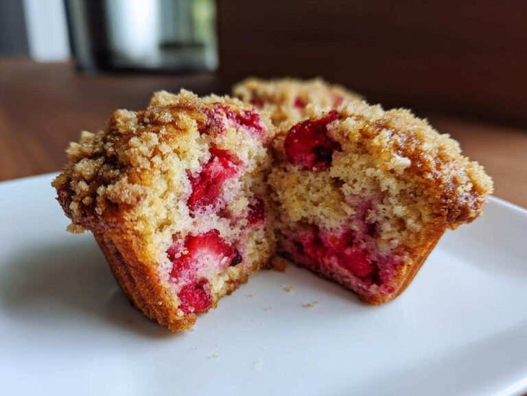 Close-up of delicious strawberry muffins cut in half showing moist interior packed with bright red strawberries and a sweet crumb topping.