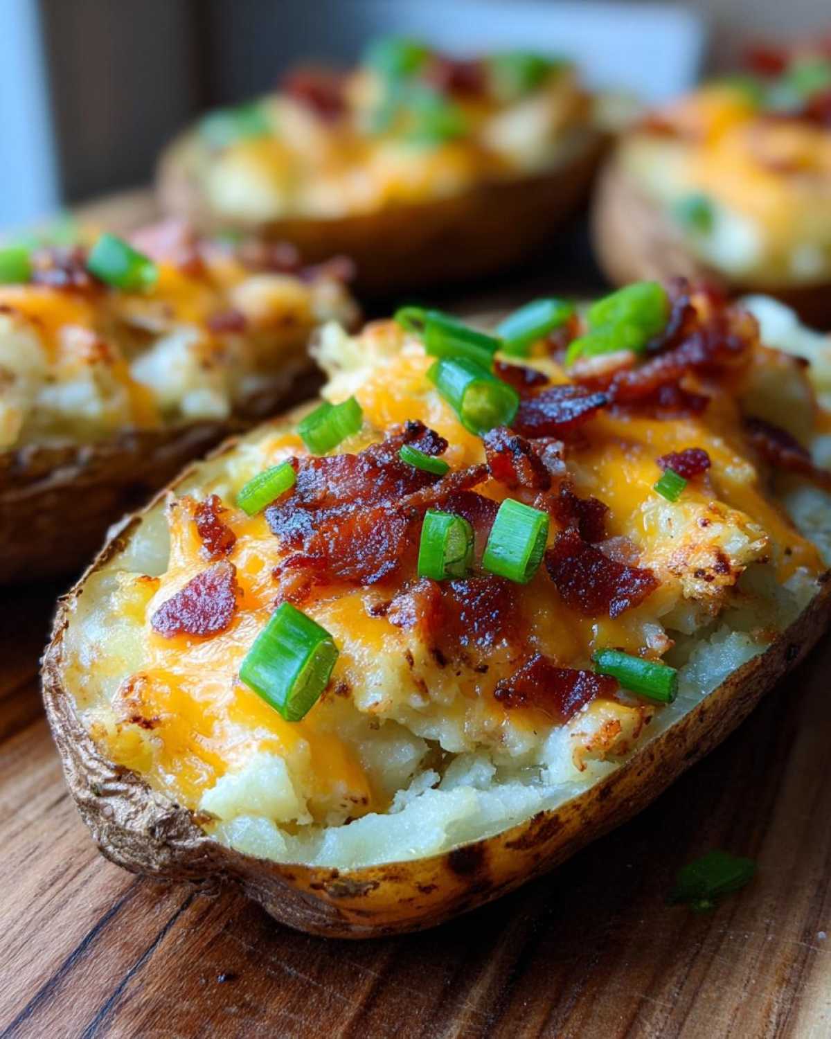 Close-up of an amazing twice baked potato stuffed with cheesy mashed potato, topped with bacon bits and green onions.