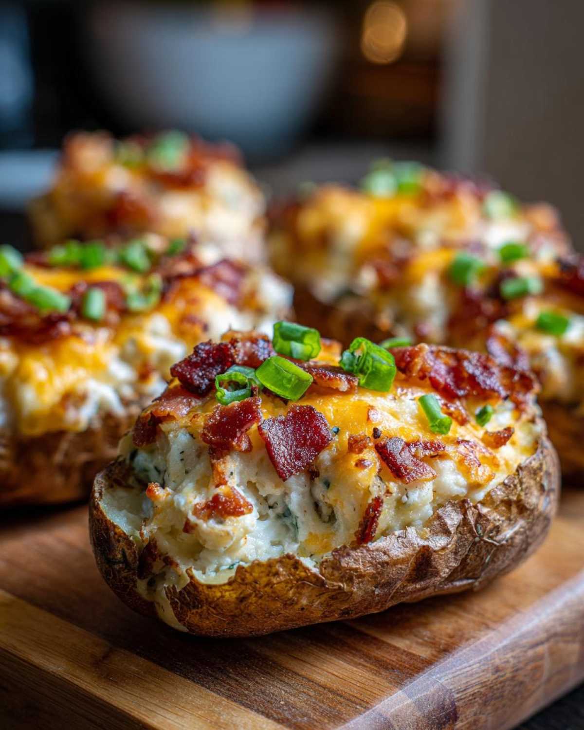 A close-up of a perfectly baked twice baked potato stuffed with cheesy filling, bacon bits, and green onions.