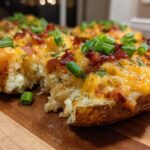 Close-up of a delicious twice baked potato, stuffed with creamy filling, topped with melted cheddar, bacon bits, and green onions.
