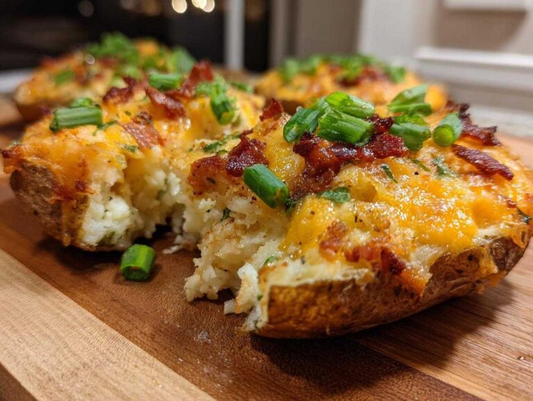 Close-up of a delicious twice baked potato, stuffed with creamy filling, topped with melted cheddar, bacon bits, and green onions.
