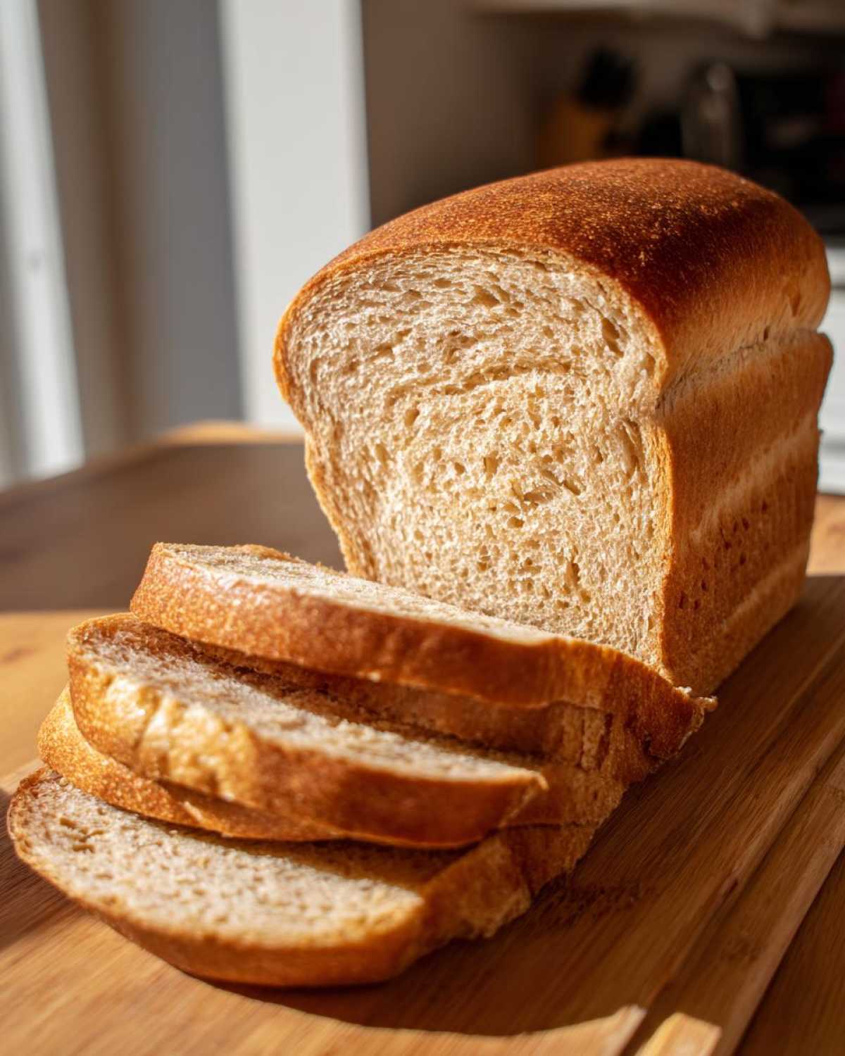 A golden-brown loaf of homemade whole wheat bread, partially sliced on a wooden cutting board.