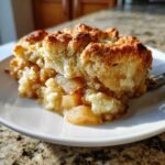 Close-up of a serving of warm apple cobbler recipe with a crumbly, golden topping and gooey spiced apples.