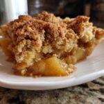 Close-up of a warm slice of apple cobbler recipe showing soft cinnamon apples and crumbly topping on a white plate.