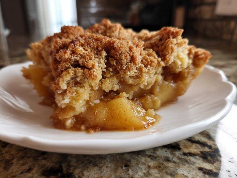 Amazing apple cobbler recipe: 1 secret Close-up of a warm slice of apple cobbler recipe showing soft cinnamon apples and crumbly topping on a white plate.
