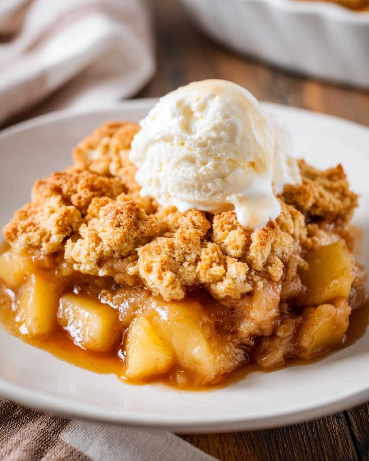 A warm serving of apple cobbler recipe topped with melting vanilla ice cream on a white plate.