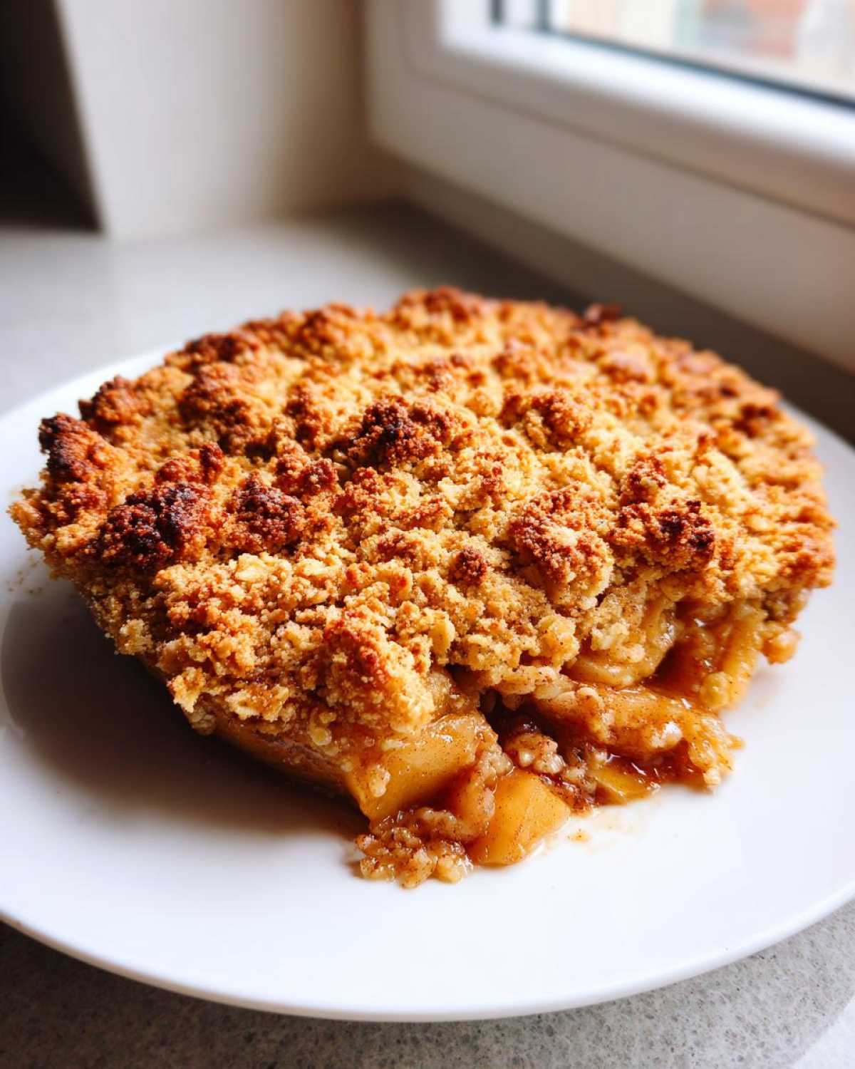 A close-up of a warm slice of apple crisp recipe showing caramelized apples and a thick, golden-brown crumb topping.