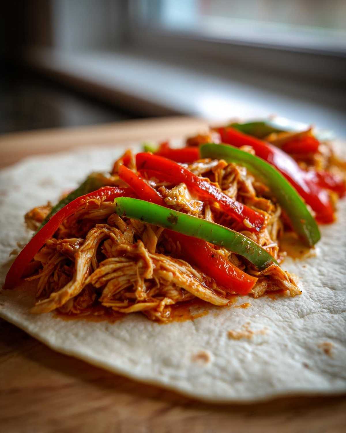 Close-up of shredded chicken and sliced red and green peppers ready to be rolled into a tortilla for crockpot chicken fajitas.