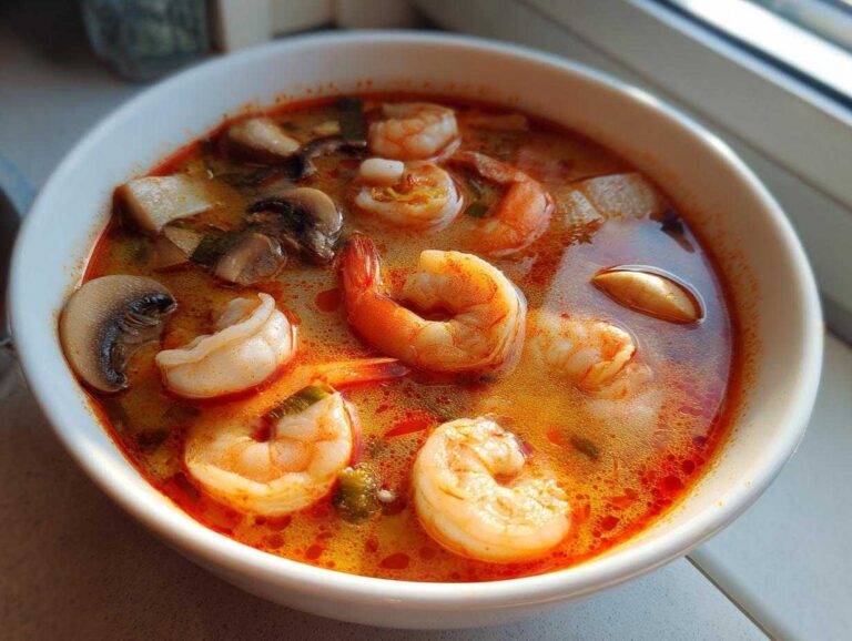 A close-up, vibrant bowl of authentic tom yum soup featuring large shrimp and sliced mushrooms in a rich, orange broth.