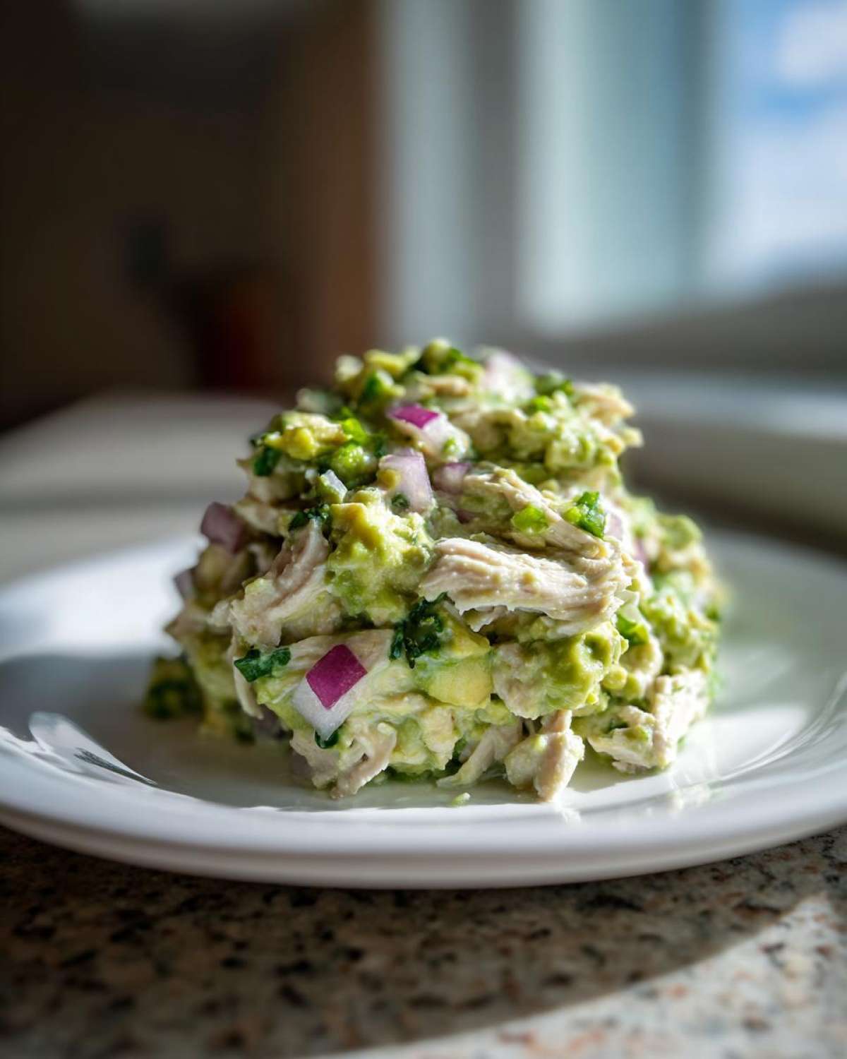 A mound of creamy avocado chicken salad mixed with shredded chicken and diced red onion on a white plate.