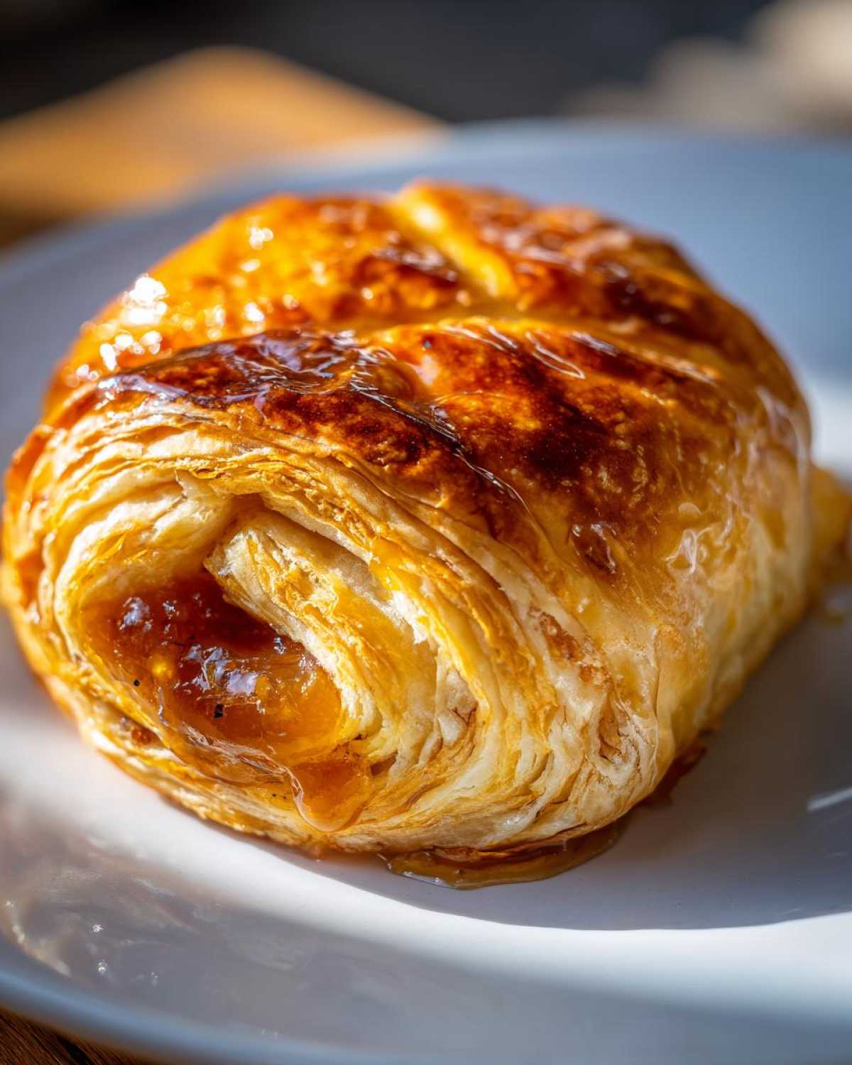 Close-up of a golden, flaky baked brie in puff pastry oozing with a sweet, amber-colored topping.