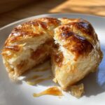 Close-up of baked brie in puff pastry cut in half, revealing melted cheese and apricot jam filling.