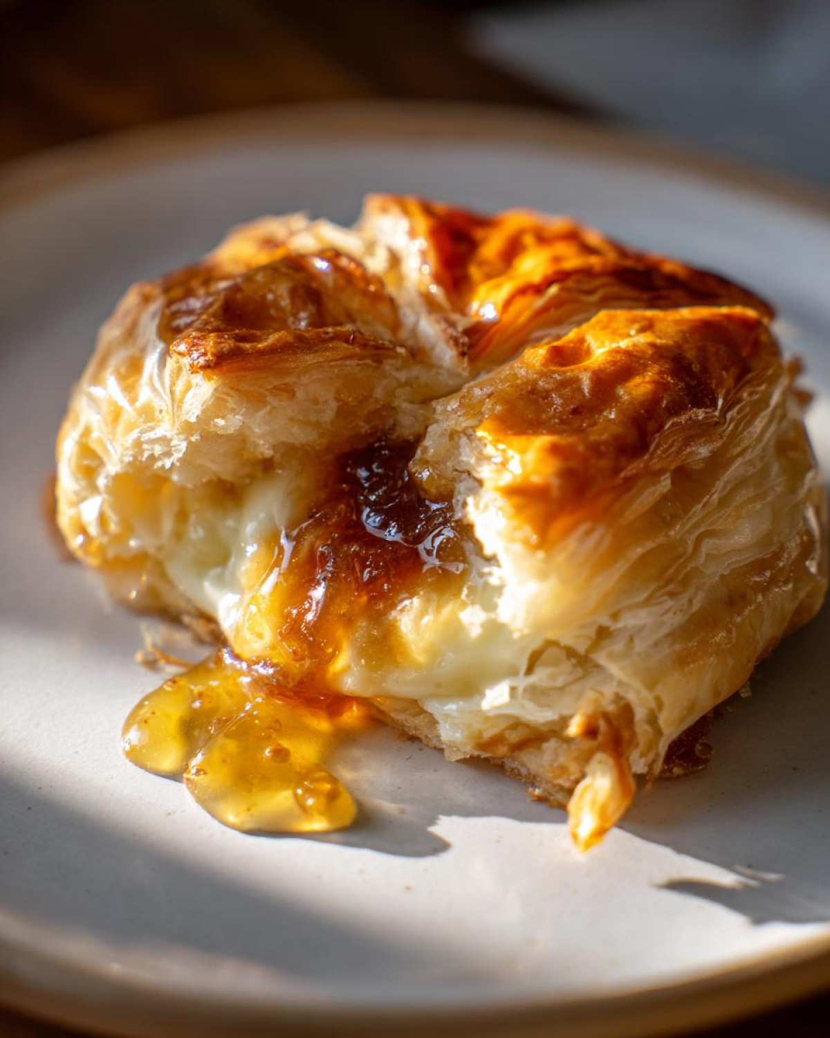 A close-up of a piece of baked brie in puff pastry, showing melted cheese and dripping amber-colored jam or honey.