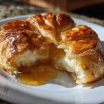 A golden brown baked brie in puff pastry, cut open to reveal melted cheese and flowing honey.