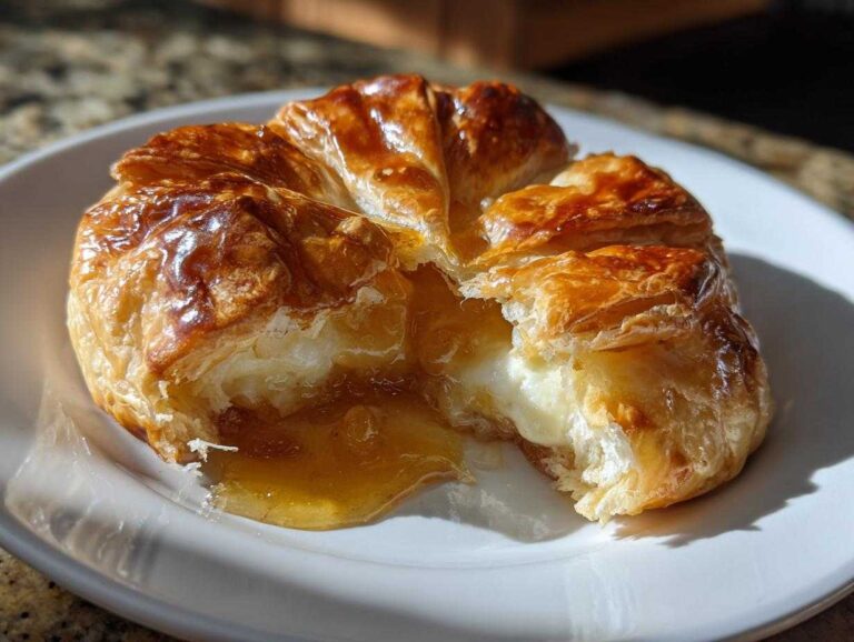 A golden brown baked brie in puff pastry, cut open to reveal melted cheese and flowing honey.