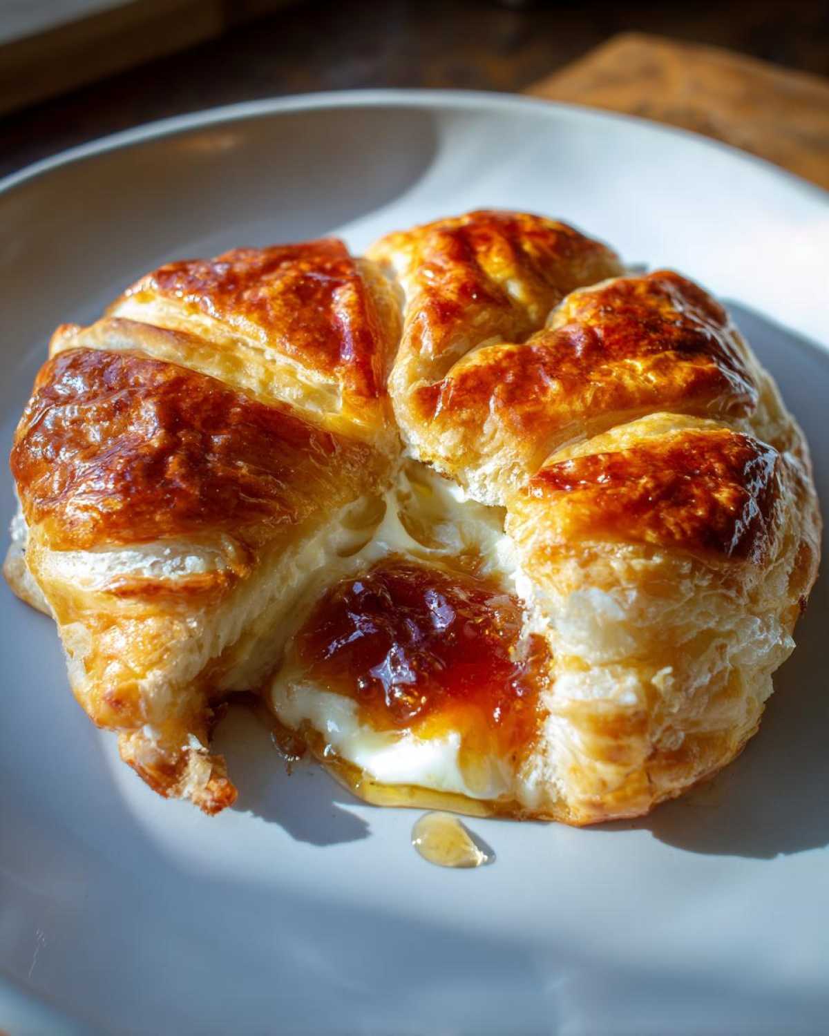 Close-up of golden brown baked brie in puff pastry, oozing melted cheese and amber-colored jam or honey.