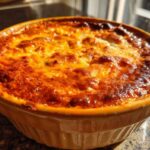 Close-up of a baked chili cheese dip in a round ceramic dish with a bubbly, golden-brown, cheesy top.