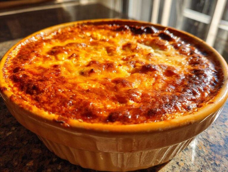Close-up of a baked chili cheese dip in a round ceramic dish with a bubbly, golden-brown, cheesy top.