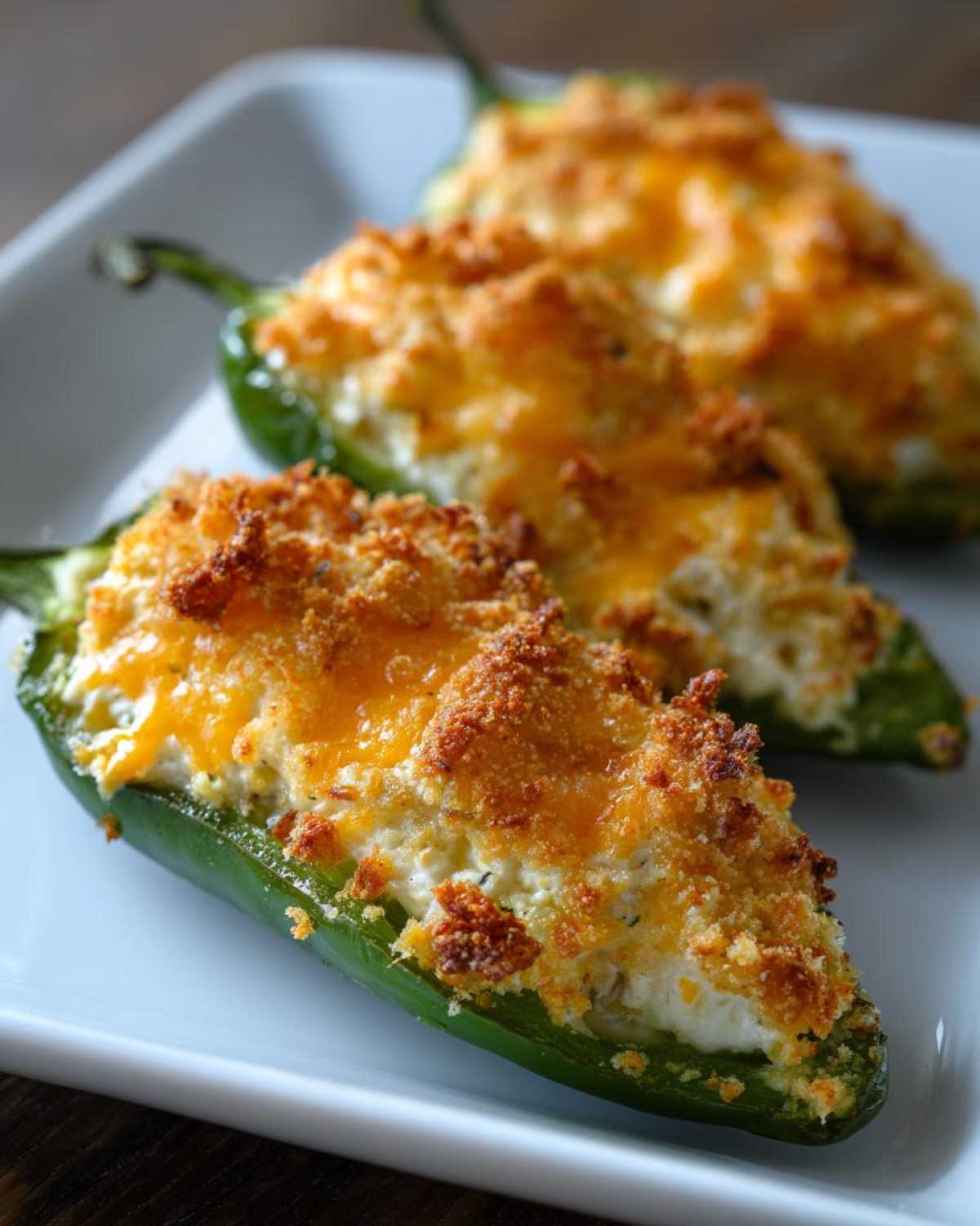Three baked jalapeño poppers filled with cream cheese and topped with melted cheddar and crispy breadcrumbs.