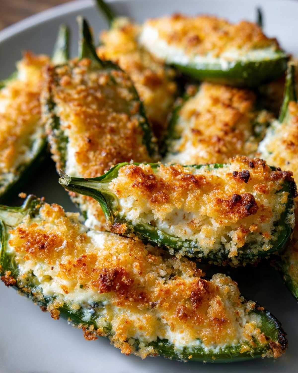 Close-up of baked jalapeño poppers halved, stuffed with cream cheese, and topped with a golden, crispy breadcrumb crust.