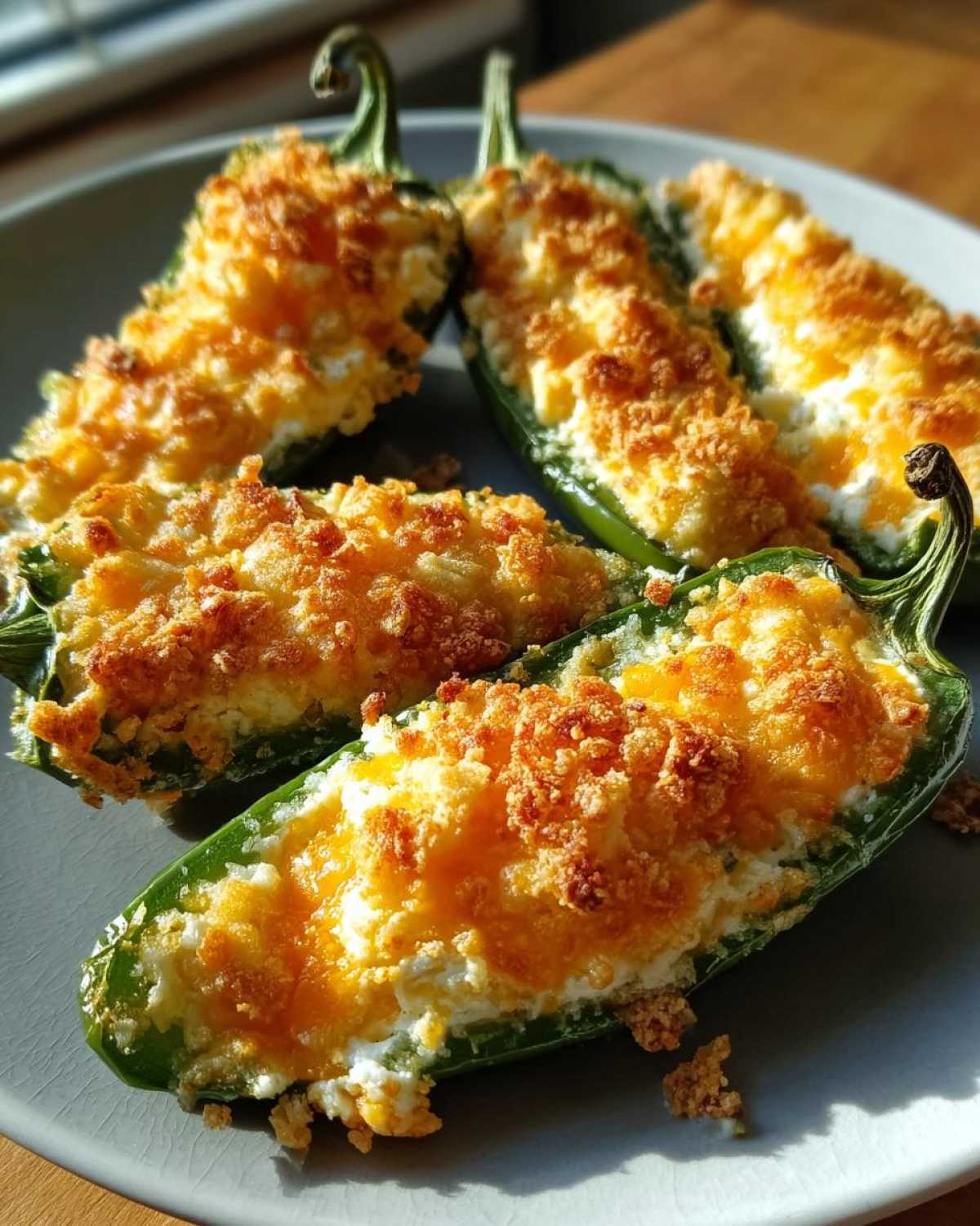 Four baked Jalapeño poppers stuffed with creamy filling and topped with golden, crispy cheese.