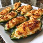 Close-up of baked Jalapeño poppers stuffed with creamy filling and topped with crispy, browned breadcrumbs.