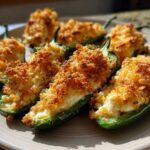 A plate of freshly baked jalapeño poppers stuffed with cream cheese and topped with golden brown breadcrumbs.