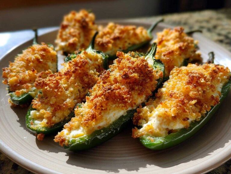 A plate of freshly baked jalapeño poppers stuffed with cream cheese and topped with golden brown breadcrumbs.