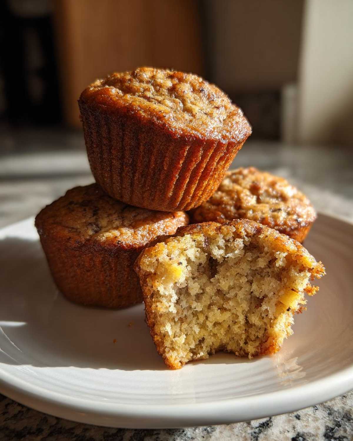 A stack of golden brown banana protein muffins on a white plate, with one muffin broken open showing the moist interior.