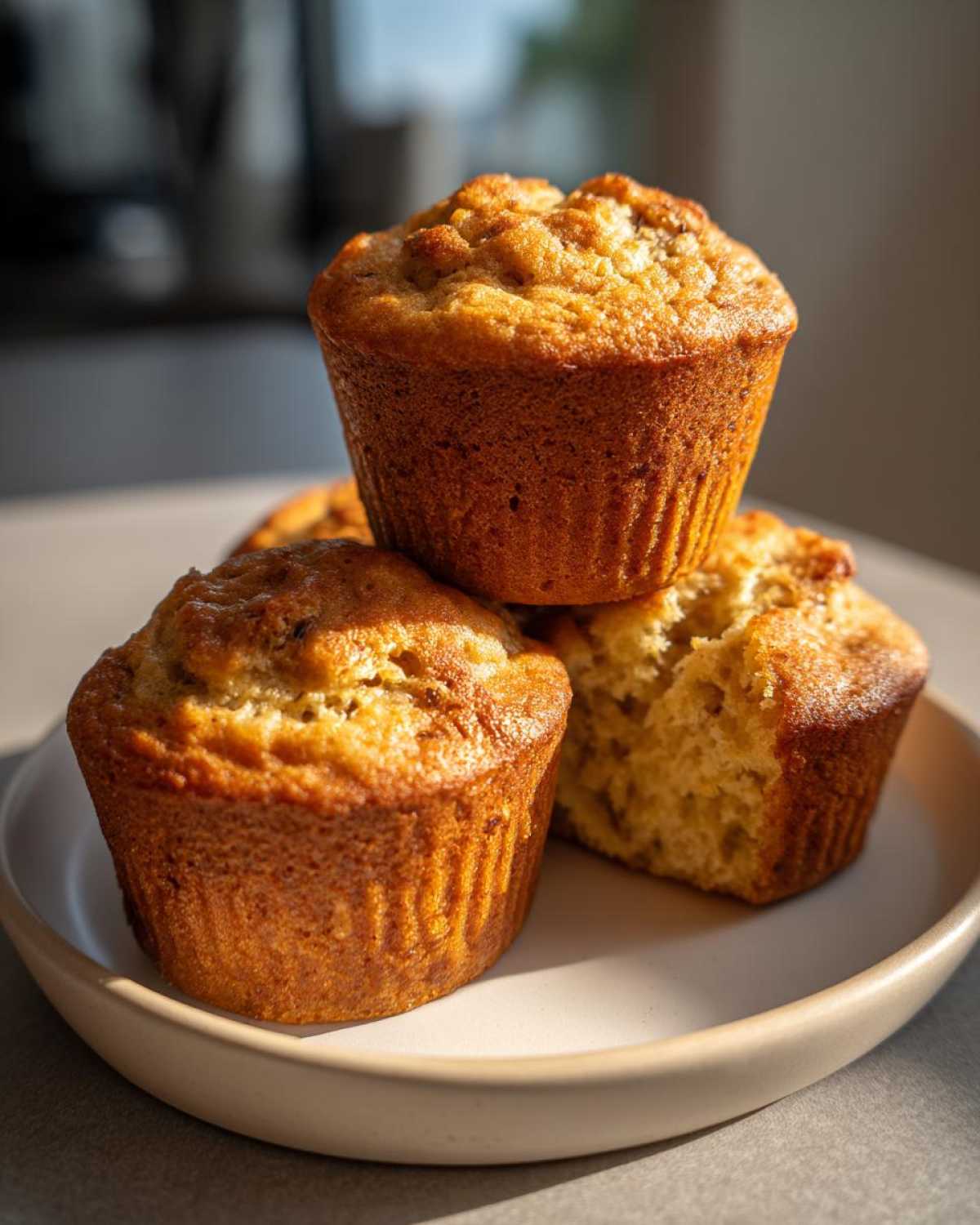 Three golden brown banana protein muffins stacked on a light plate, one broken open to show the texture.