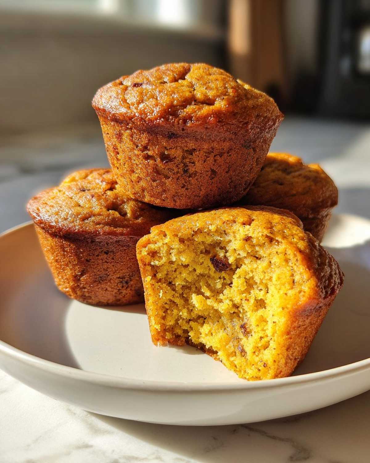 A stack of golden brown banana protein muffins, one broken open to show the moist interior.