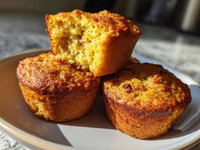 Three golden-brown banana protein muffins stacked on a plate, one broken open to show the moist interior texture.