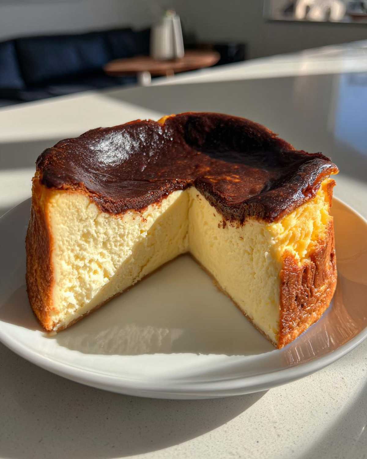 A whole basque burnt cheesecake with one slice cut out, showing its creamy interior and dark caramelized top.
