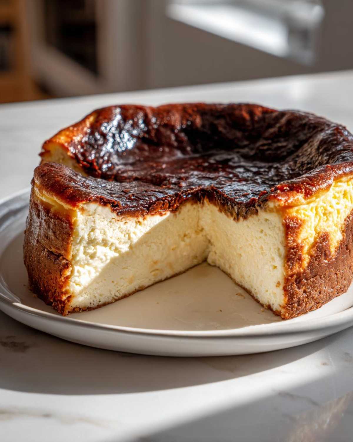 A whole basque burnt cheesecake with a slice cut out, showing the creamy interior and dark caramelized top.