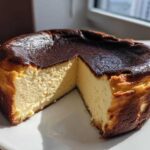 A slice removed from a whole Basque burnt cheesecake showing its creamy interior and signature dark, caramelized top.