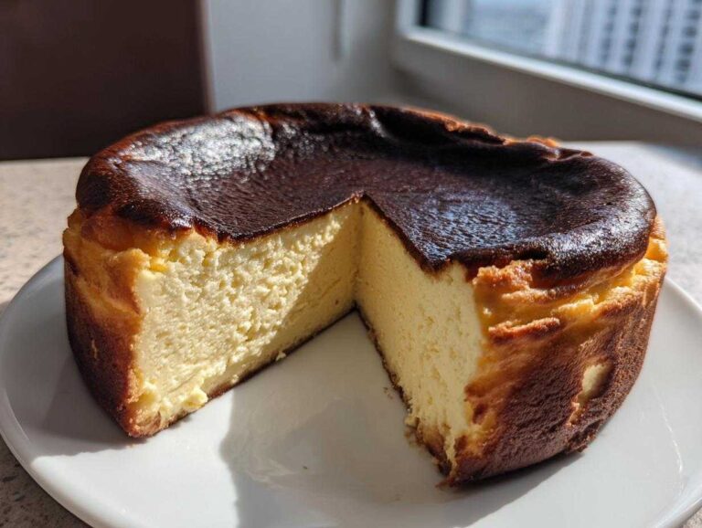 A slice removed from a whole Basque burnt cheesecake showing its creamy interior and signature dark, caramelized top.