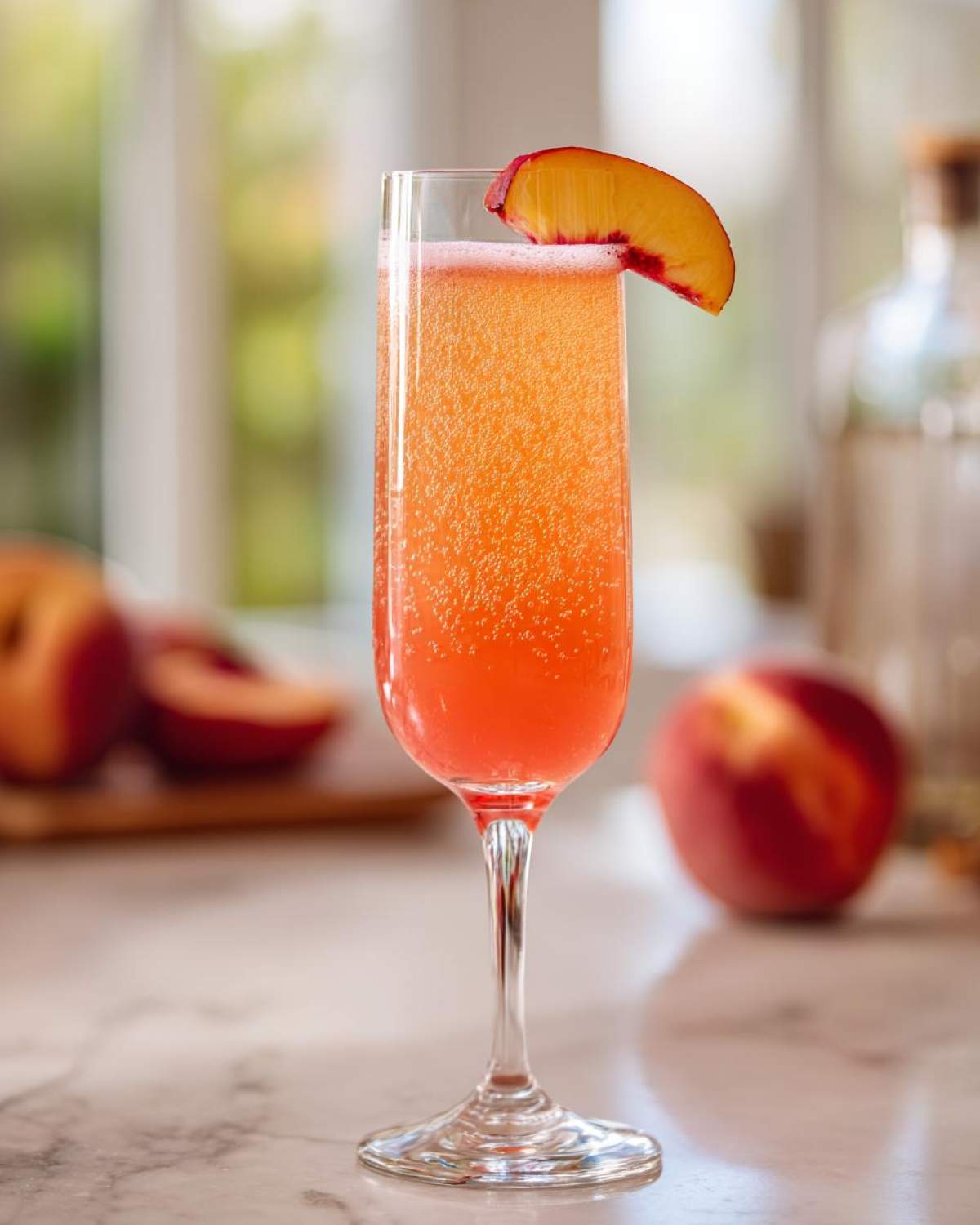 A vibrant, fizzy bellini recipe cocktail garnished with a fresh peach slice in a tall flute glass.