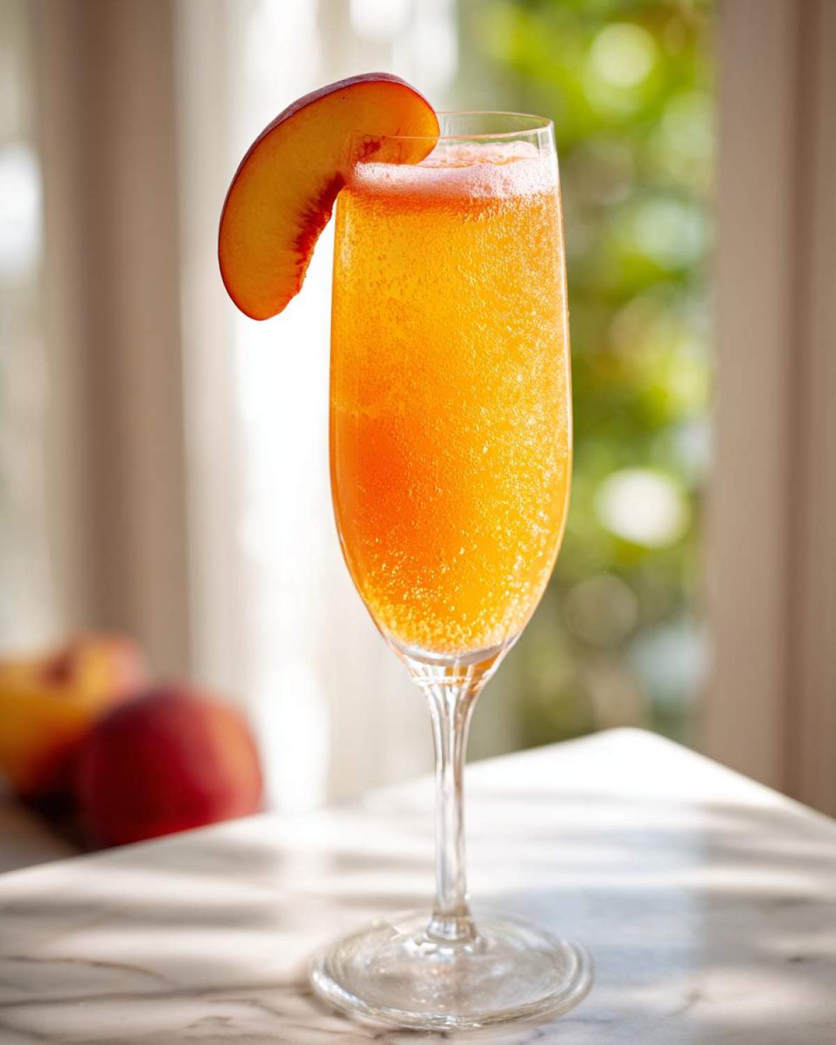 A sparkling orange bellini recipe served in a tall flute glass, garnished with a fresh peach slice.