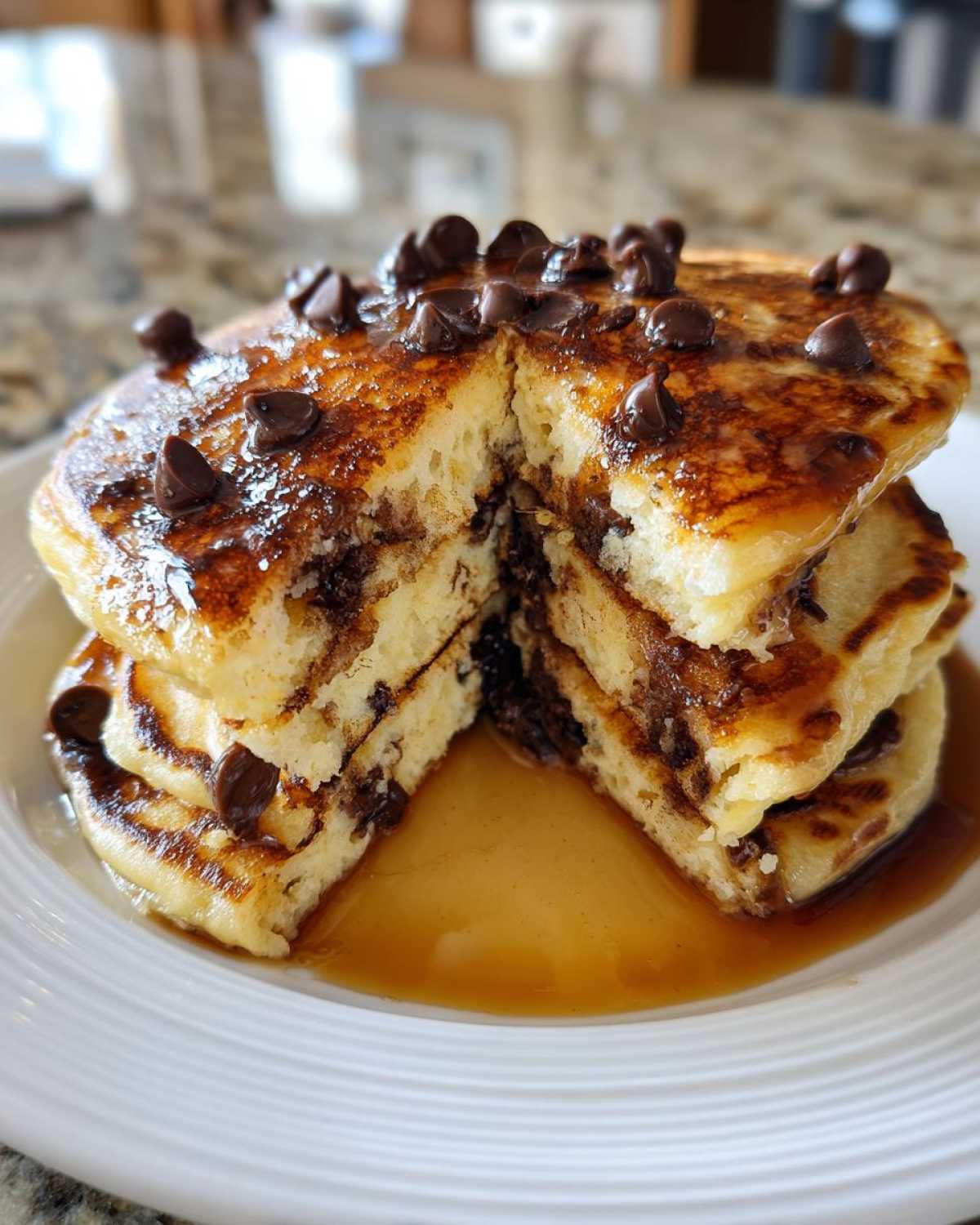 A tall stack of fluffy chocolate chip pancakes cut in half, drizzled with syrup and topped with chocolate chips.