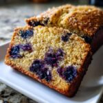 A close-up view of a thick slice of moist blueberry banana bread, showing bright purple blueberries embedded in the golden crumb.